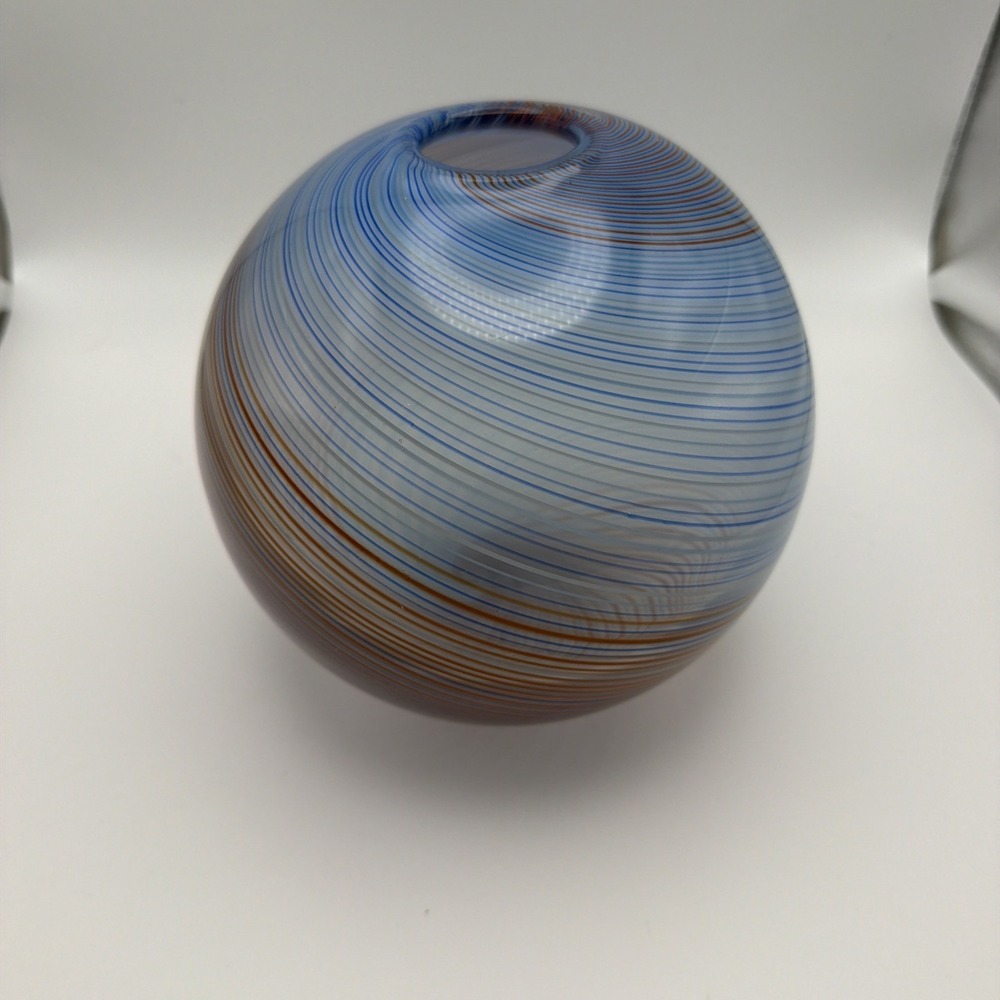 Dansk Handblown Art Glass Ball Vase Blue Rust Swirl Striped Orb Vase Vintage MCM